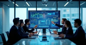 Executivos reunidos em sala moderna discutindo gráficos e indicadores em tela grande