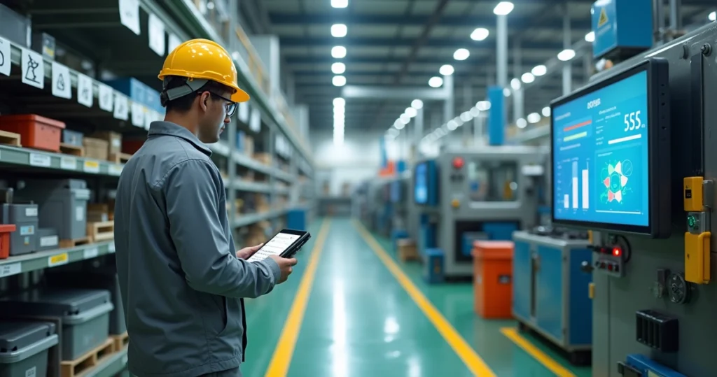 Operador em chão de fábrica organizado usando tablet para checklist 5S