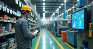 Operador em chão de fábrica organizado usando tablet para checklist 5S