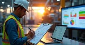 Gestor analisando checklist industrial em fábrica no início do ano