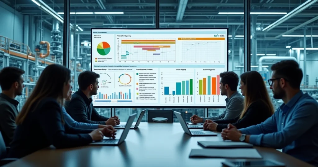 Equipe industrial analisando painel de projetos e riscos em fábrica moderna