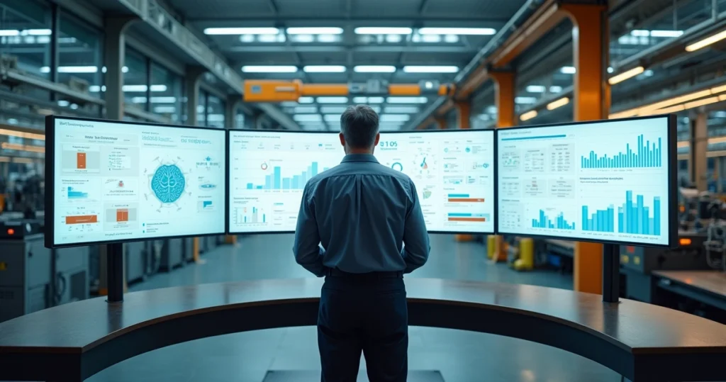 Gestor industrial analisando painel digital com gráficos de produção e IA em fábrica moderna