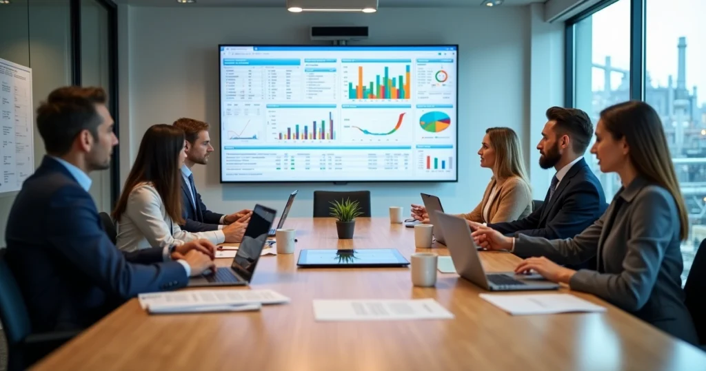 Equipe executiva em reunião de S&OP analisando gráficos de demanda e produção