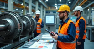Equipe de manutenção industrial analisando dados de ativos em fábrica moderna