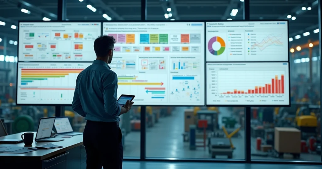 Gestor observando painel de demandas e cronograma de serviços na indústria