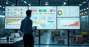 Gestor observando painel de demandas e cronograma de serviços na indústria