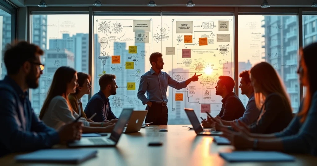 Líder apresentando estratégia de inovação para equipe em ambiente moderno de escritório