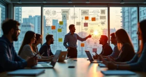 Líder apresentando estratégia de inovação para equipe em ambiente moderno de escritório