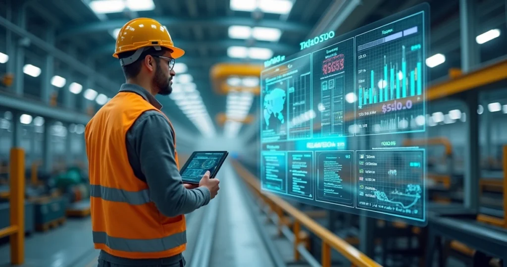 Engenheiro de manutenção industrial analisando dashboard de dados em fábrica