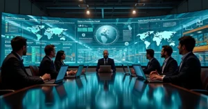 Executivos analisando painel digital de S&OP e IBP com gráficos de demanda e capacidade