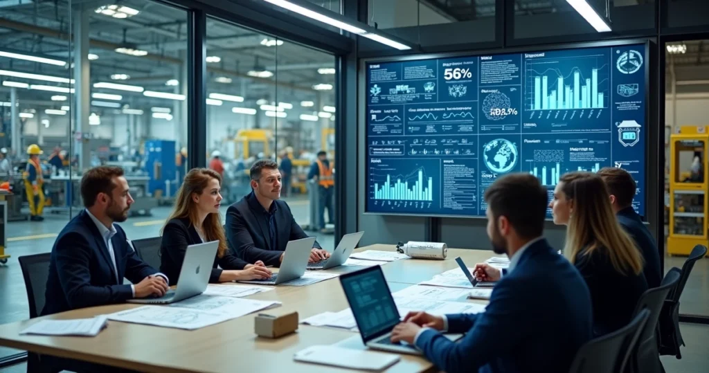 Equipe industrial em fábrica com dados de turnover e painel de inteligência artificial ao fundo
