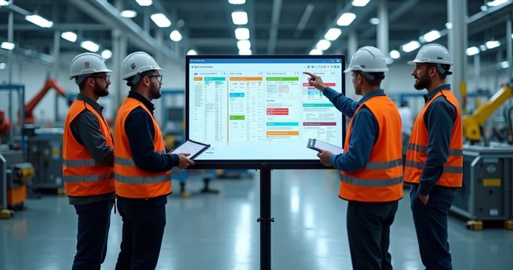 Equipe em fábrica usando painel digital para gestão ágil de projeto industrial
