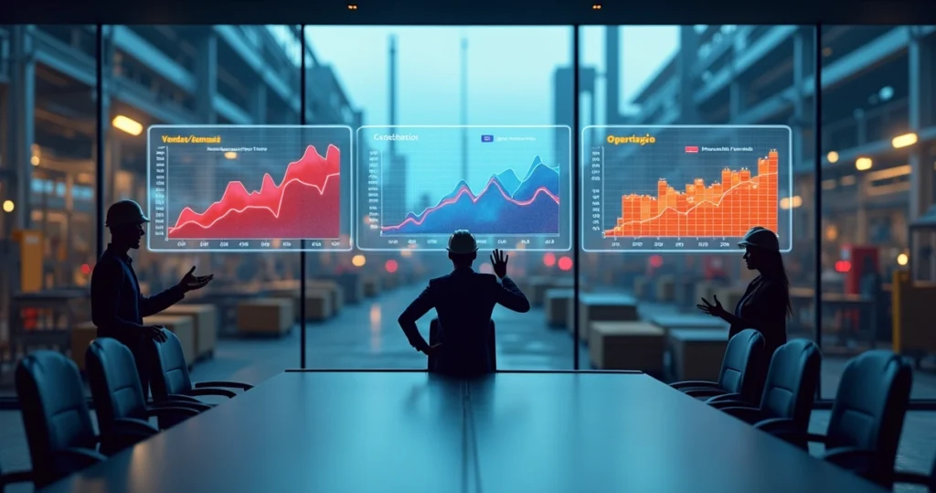 Gráficos desalinhados entre vendas, produção e manutenção em cenário industrial