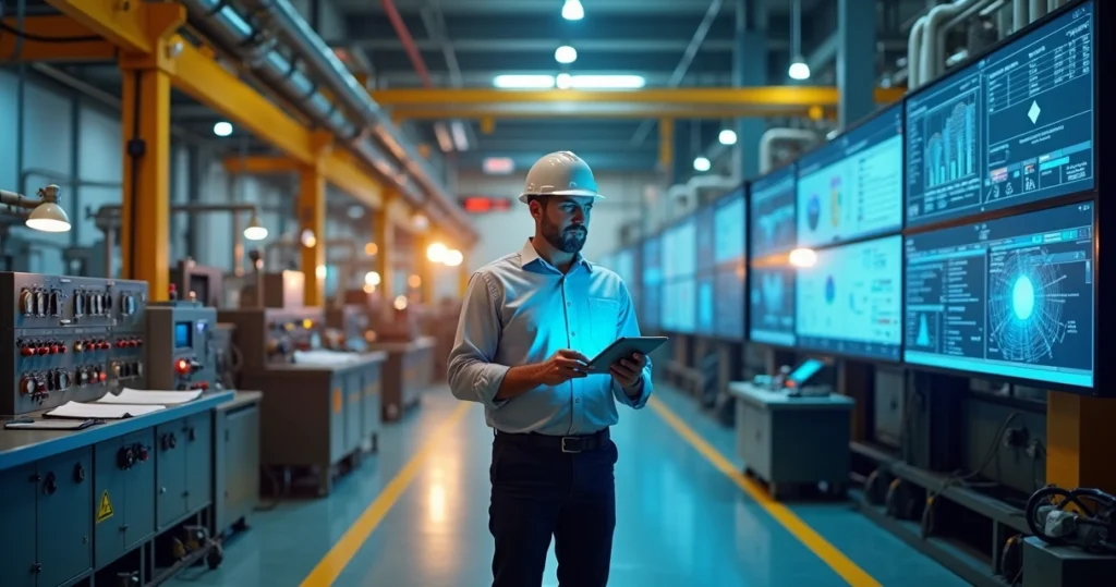 Gestor compara painel analógico de fábrica com tablet com dados industriais digitais