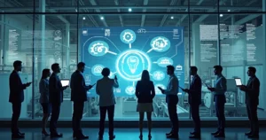 Equipe industrial reunida em fábrica moderna colaborando em frente a telas digitais