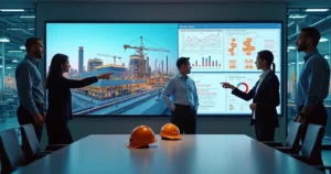 Equipe industrial analisando painel dividido entre obra física e resultados operacionais