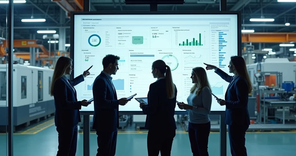 Gestores industriais analisando painel de ERP em fábrica moderna