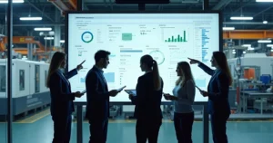 Gestores industriais analisando painel de ERP em fábrica moderna