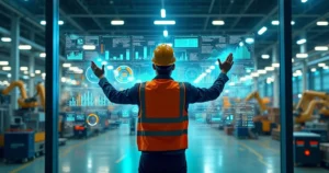 Engenheiro em fábrica analisando painel digital com dados em tempo real