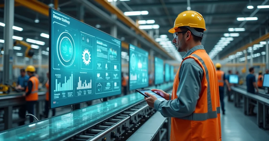 Engenheiro em fábrica moderna com interface digital e colegas ao fundo
