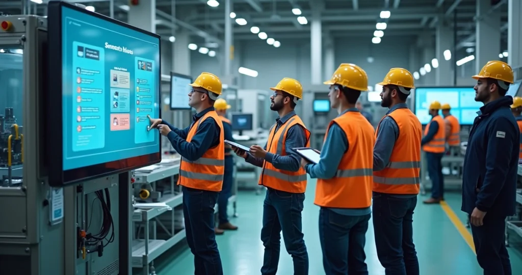 Equipe de operadores industriais de diferentes turnos reunida em frente a uma linha de produção com checklists digitais na mão