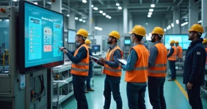 Equipe de operadores industriais de diferentes turnos reunida em frente a uma linha de produção com checklists digitais na mão