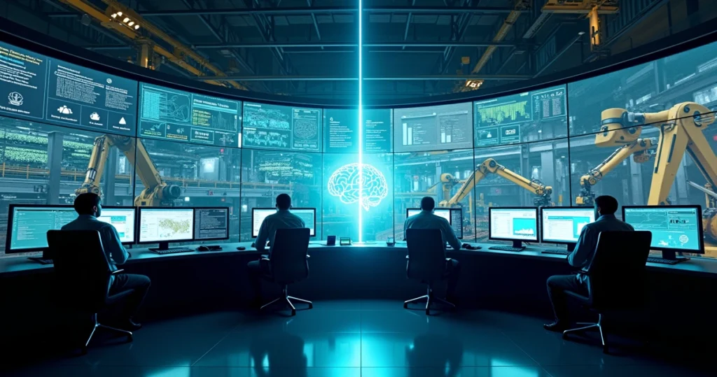 Comparação visual entre inteligência artificial customizada e plataformas prontas em ambiente industrial