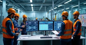 Equipe de engenheiros em fábrica analisando telas e fluxogramas para evitar erros de processo