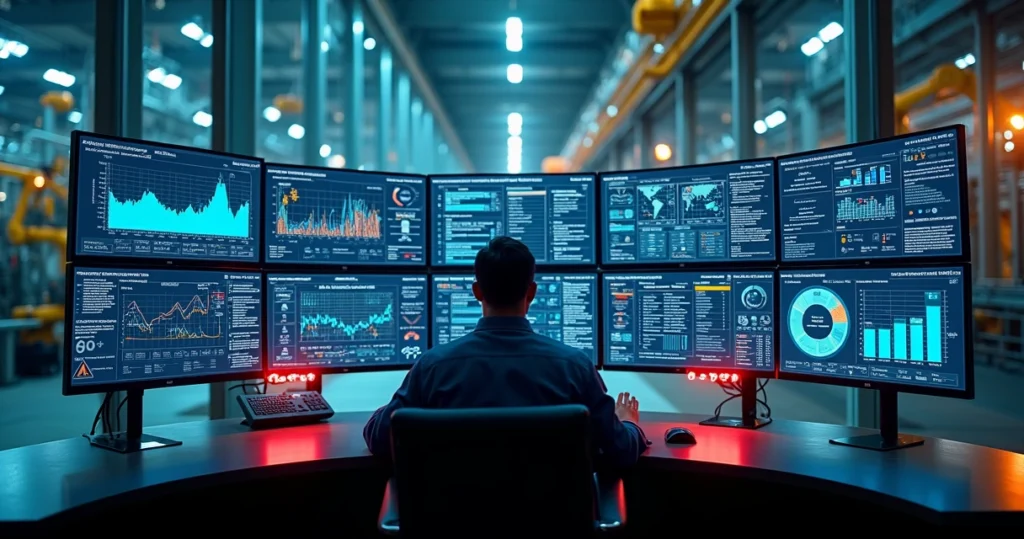 Gestor industrial cercado por telas com dados sem conseguir decidir