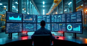 Gestor industrial cercado por telas com dados sem conseguir decidir