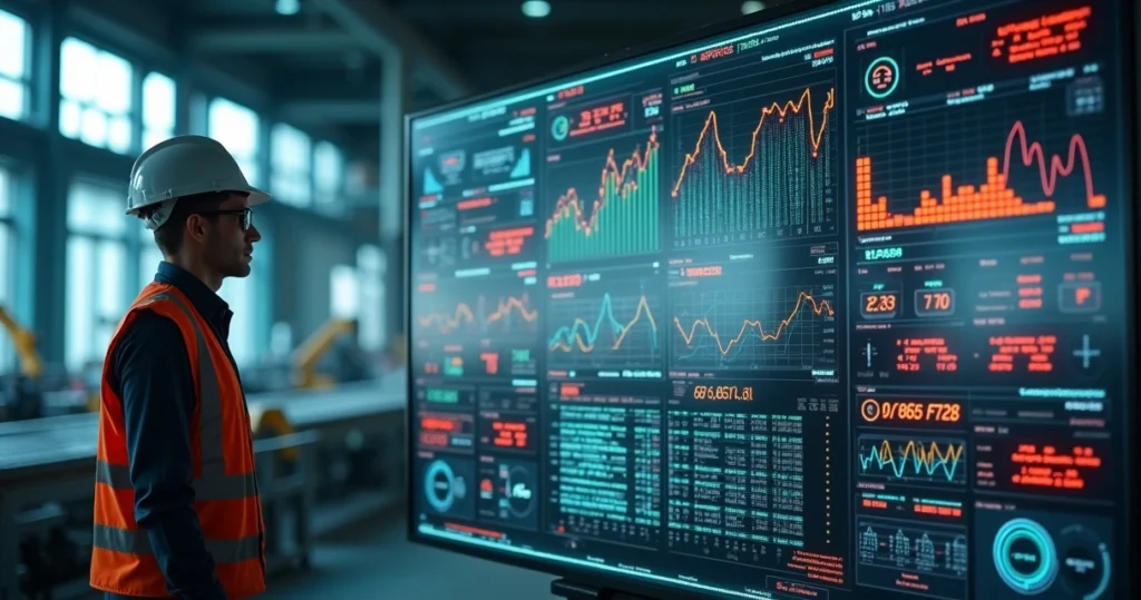 Engenheiro em fábrica analisando painel digital com dados industriais