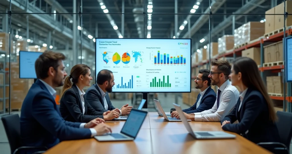 Equipe analisando gráficos de S&OP em ambiente industrial moderno