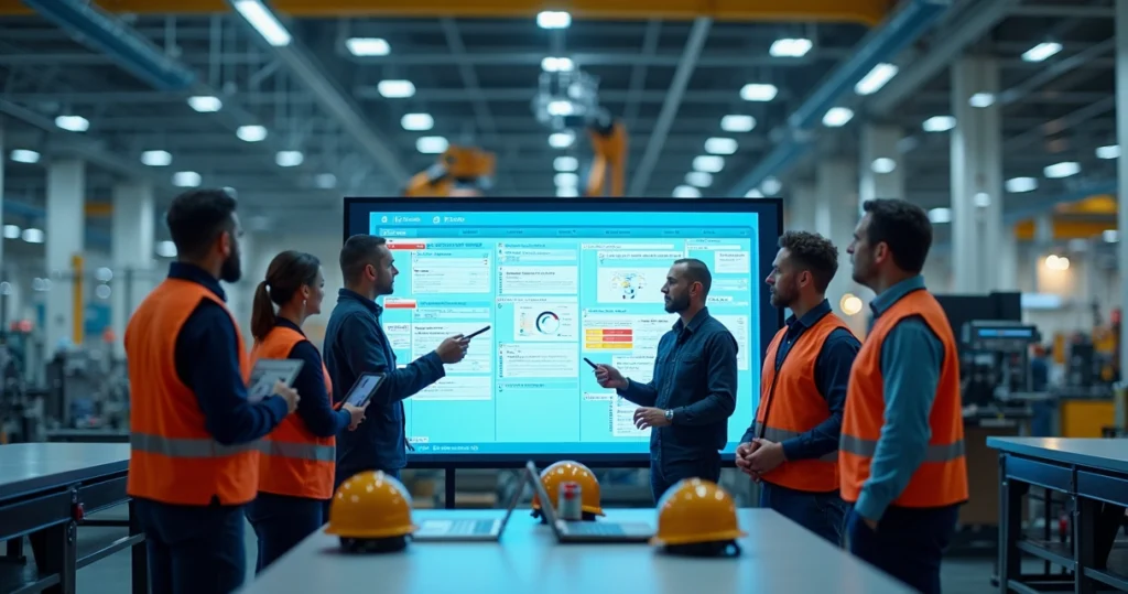 Equipe multidisciplinar analisa quadro Kanban digital em fábrica moderna