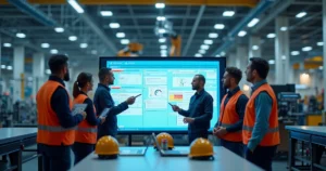 Equipe multidisciplinar analisa quadro Kanban digital em fábrica moderna
