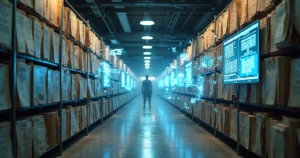 Corredor de arquivos industriais antigos integrados a hologramas digitais de inteligência artificial