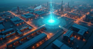 Planta industrial vista de cima com fluxo de dados fragmentado em telas