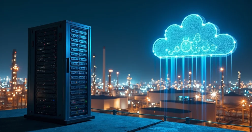 Visão aérea de servidor físico conectado a nuvem digital acima de parque industrial