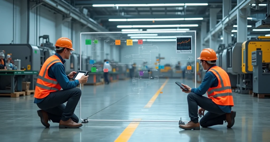 Engenheiro ajustando painéis de fluxo em chão de fábrica