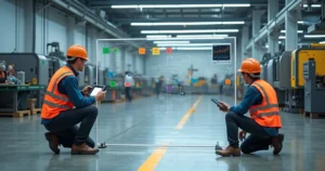 Engenheiro ajustando painéis de fluxo em chão de fábrica