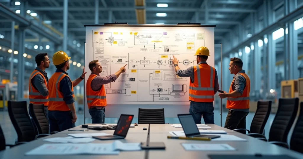 Equipe de engenharia analisando grande mapa de fluxo de valor em parede de fábrica