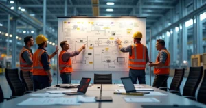 Equipe de engenharia analisando grande mapa de fluxo de valor em parede de fábrica