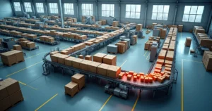 Esteira industrial metálica com produtos fluindo e ponto de gargalo iluminado em vermelho