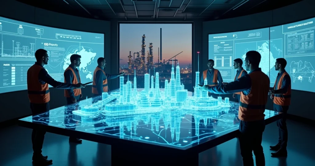 Sala de controle industrial com maquete holográfica de fábrica representando digital twin