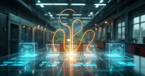 Conexão entre sistemas industriais simbolizada por dutos de luz coloridos