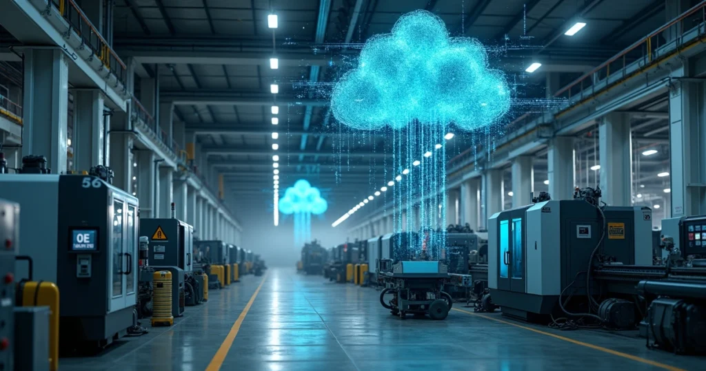 Nuvem digital pairando sobre máquinas de fábrica com fluxo de dados