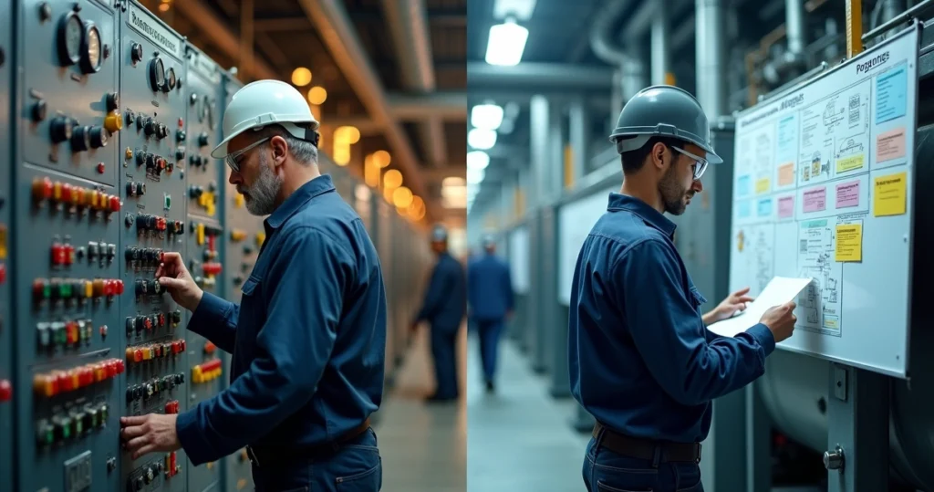 Comparação visual entre operador experiente e procedimento padronizado em fábrica