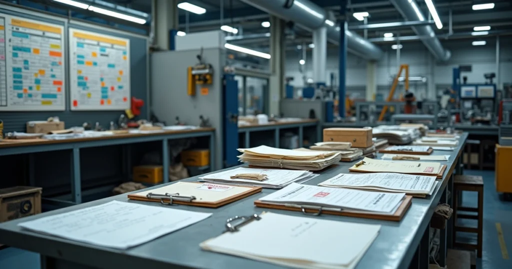 Painel industrial com ordens de manutenção acumuladas e etiquetas vermelhas