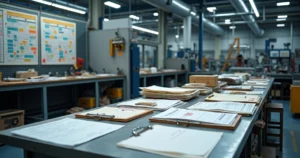 Painel industrial com ordens de manutenção acumuladas e etiquetas vermelhas