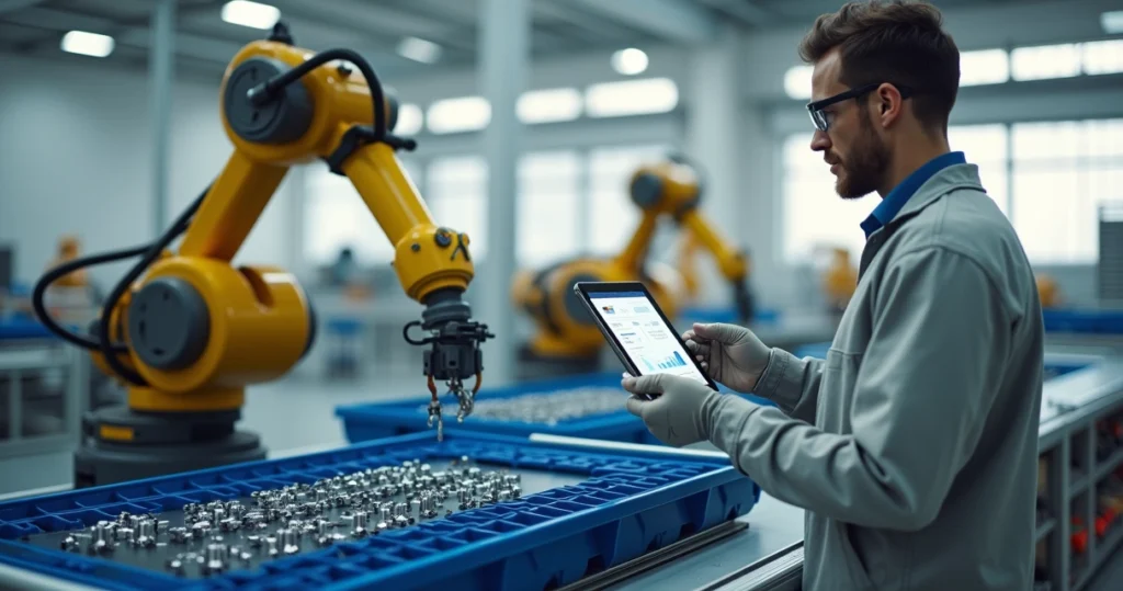 Braço robótico colaborativo organizando peças em bancada de fábrica moderna