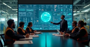 Gestores em reunião industrial destacando poucos indicadores em painel digital cheio de dados